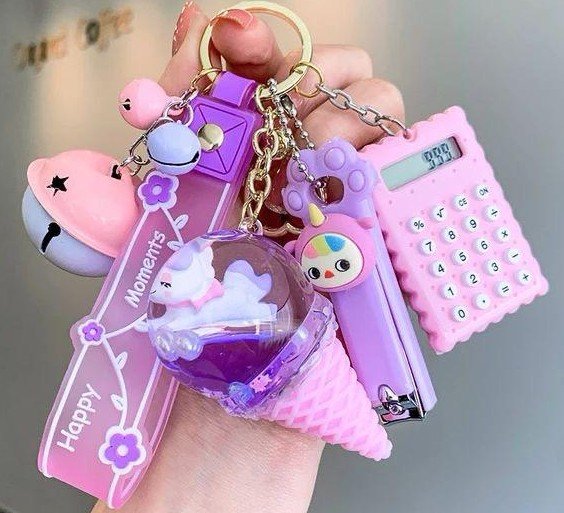 Porte Cle Avec Taille Ongle ,Mini calculatrice, Cone De Creme Et Clochette- YSK0600