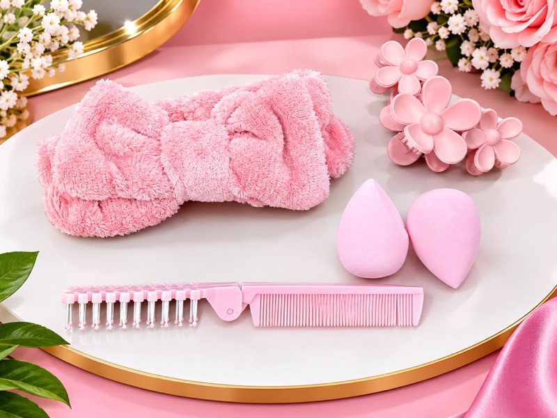 Kit De Beaute Color Six 4 Pieces (Bandeau à N0eud, Peigne Pliant, Eponge Maquillage, Pince Cheveux)